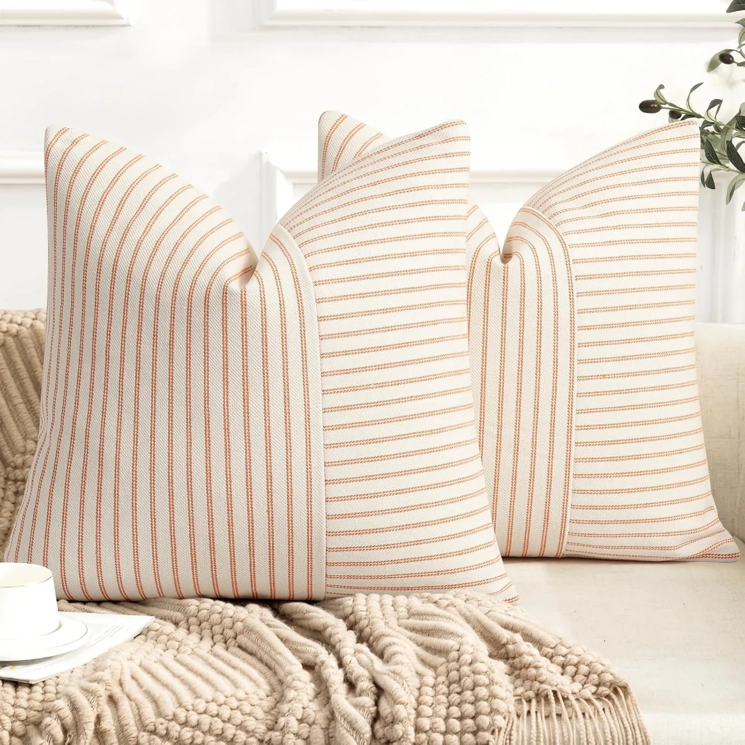 YCOLL Fall Pillow Covers 20x20, Modern Accent Throw Pillow Covers Set of 2, Burnt Orange Striped Patchwork Linen Decorative Pillows Cushion Covers for Fall Decorations