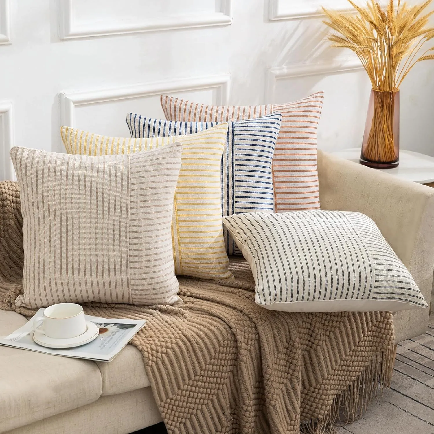 YCOLL Fall Pillow Covers 20x20, Modern Accent Throw Pillow Covers Set of 2, Burnt Orange Striped Patchwork Linen Decorative Pillows Cushion Covers for Fall Decorations