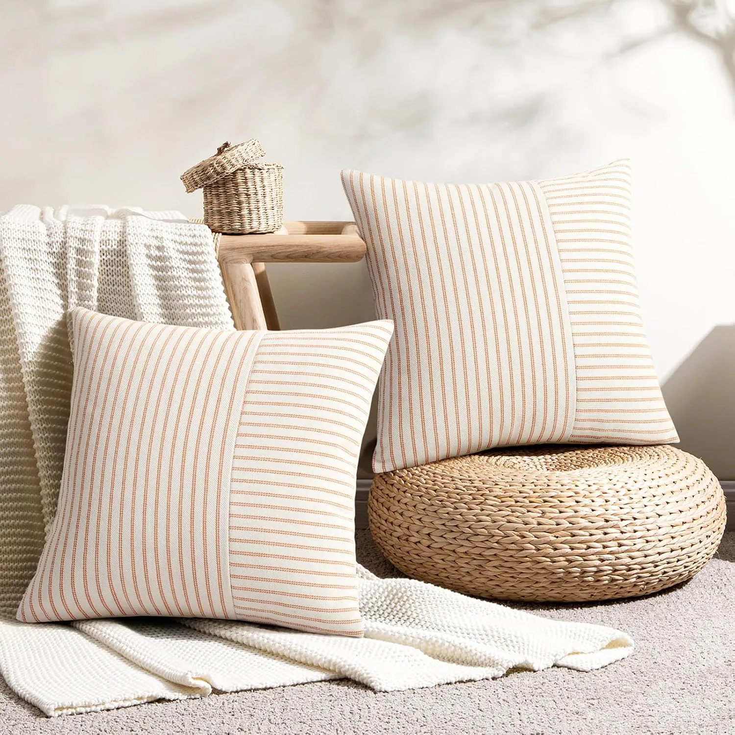 YCOLL Fall Pillow Covers 20x20, Modern Accent Throw Pillow Covers Set of 2, Burnt Orange Striped Patchwork Linen Decorative Pillows Cushion Covers for Fall Decorations