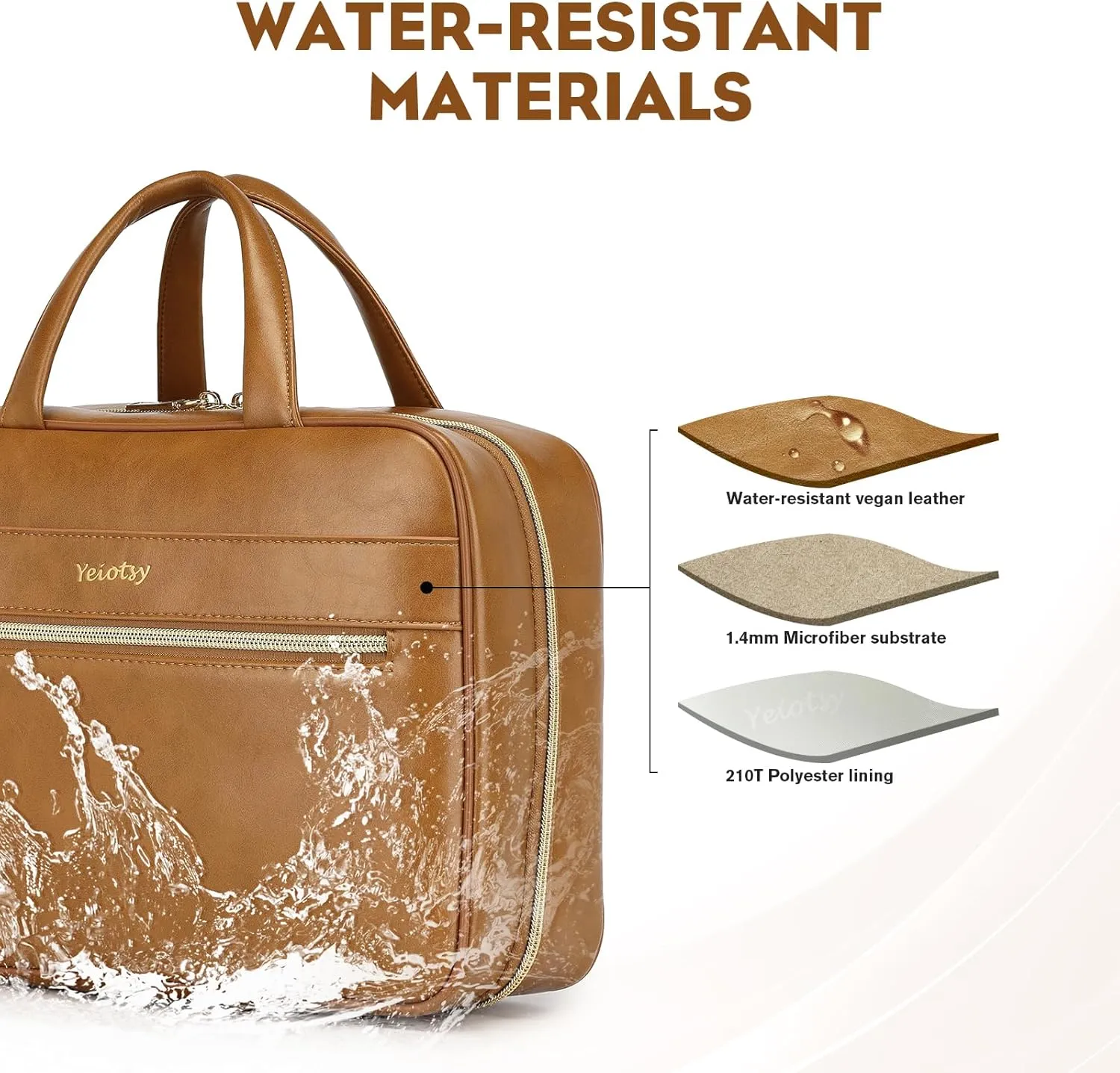 Yeiotsy Hanging Toiletry Bag - Waterproof Vegan Leather Organizer with Wet-Dry Compartments, Foldable Design for Camping, Gym & Business Travel (Brown, Large)