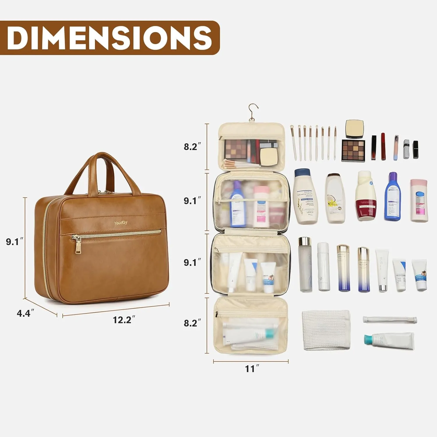 Yeiotsy Hanging Toiletry Bag - Waterproof Vegan Leather Organizer with Wet-Dry Compartments, Foldable Design for Camping, Gym & Business Travel (Brown, Large)