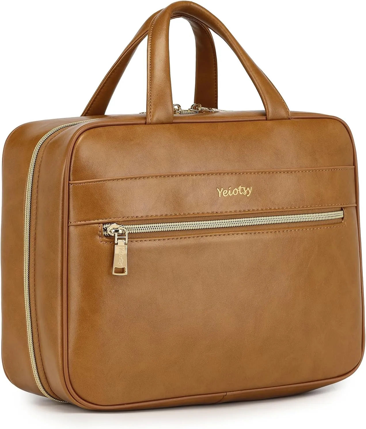 Yeiotsy Hanging Toiletry Bag - Waterproof Vegan Leather Organizer with Wet-Dry Compartments, Foldable Design for Camping, Gym & Business Travel (Brown, Large)