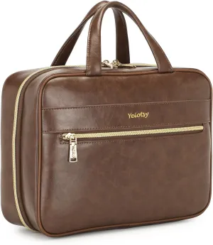 Yeiotsy Hanging Toiletry Bag - Waterproof Vegan Leather Organizer with Wet-Dry Compartments, Foldable Design for Camping, Gym & Business Travel (Coffee, Large)