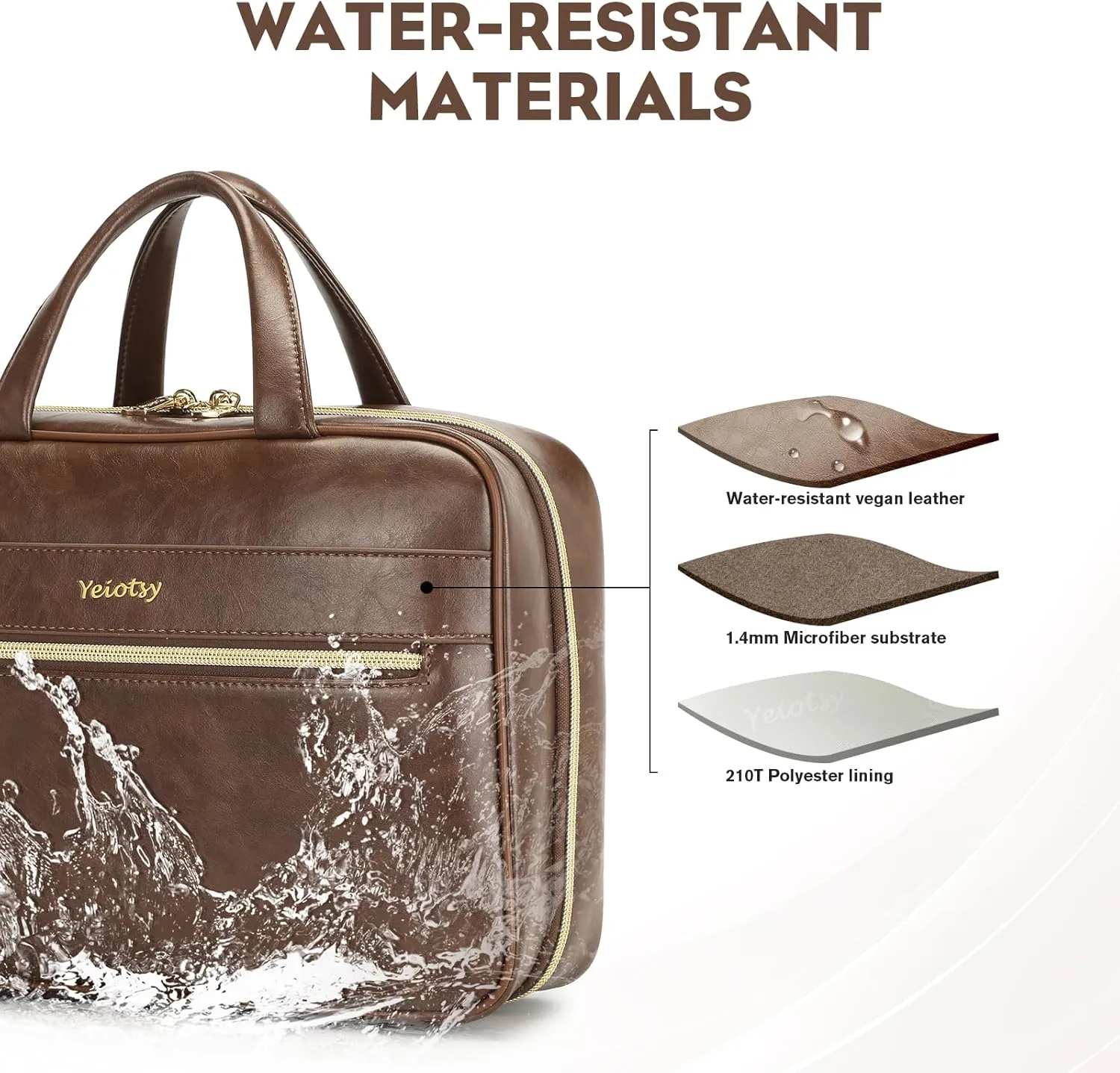 Yeiotsy Hanging Toiletry Bag - Waterproof Vegan Leather Organizer with Wet-Dry Compartments, Foldable Design for Camping, Gym & Business Travel (Coffee, Large)