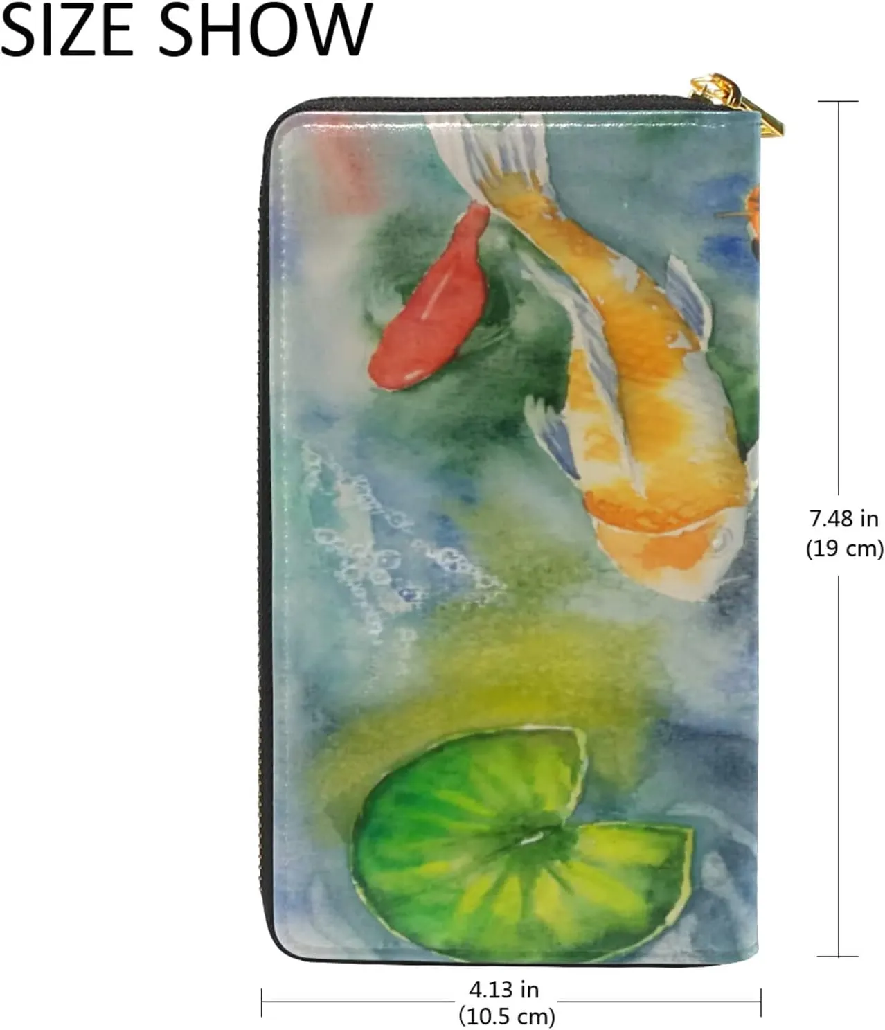 Yellow Gold Three Carp Fishes Swimming and Water Lilies in Pond Leather Long Wallet Organizer with Zipper Purse Clutch Bag for Women Men Key Card Coin Passport Checkbook