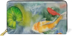 Yellow Gold Three Carp Fishes Swimming and Water Lilies in Pond Leather Long Wallet Organizer with Zipper Purse Clutch Bag for Women Men Key Card Coin Passport Checkbook