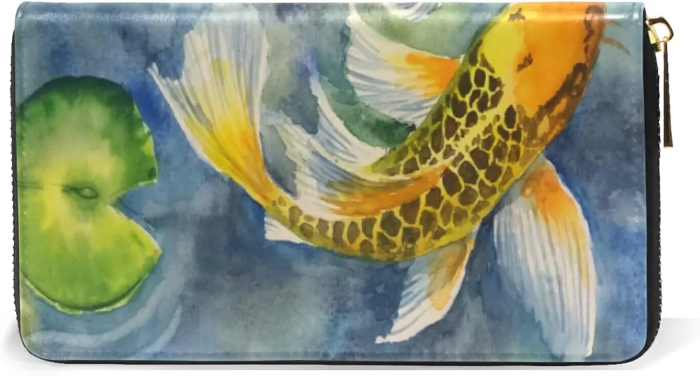 Yellow Gold Three Carp Fishes Swimming and Water Lilies in Pond Leather Long Wallet Organizer with Zipper Purse Clutch Bag for Women Men Key Card Coin Passport Checkbook