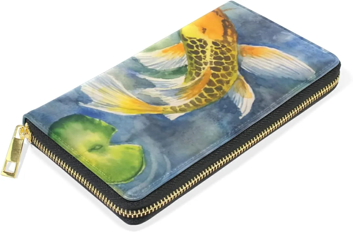 Yellow Gold Three Carp Fishes Swimming and Water Lilies in Pond Leather Long Wallet Organizer with Zipper Purse Clutch Bag for Women Men Key Card Coin Passport Checkbook