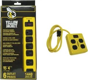 Yellow Jacket 5138N 5138 Metal Surge Protector Strip with 6 Outlets and 15 Foot Cord, Yellow/Black, Ft & 2177N Metal Power Block with 4 Outlets and Lighted Switch, 4-Foot Cord