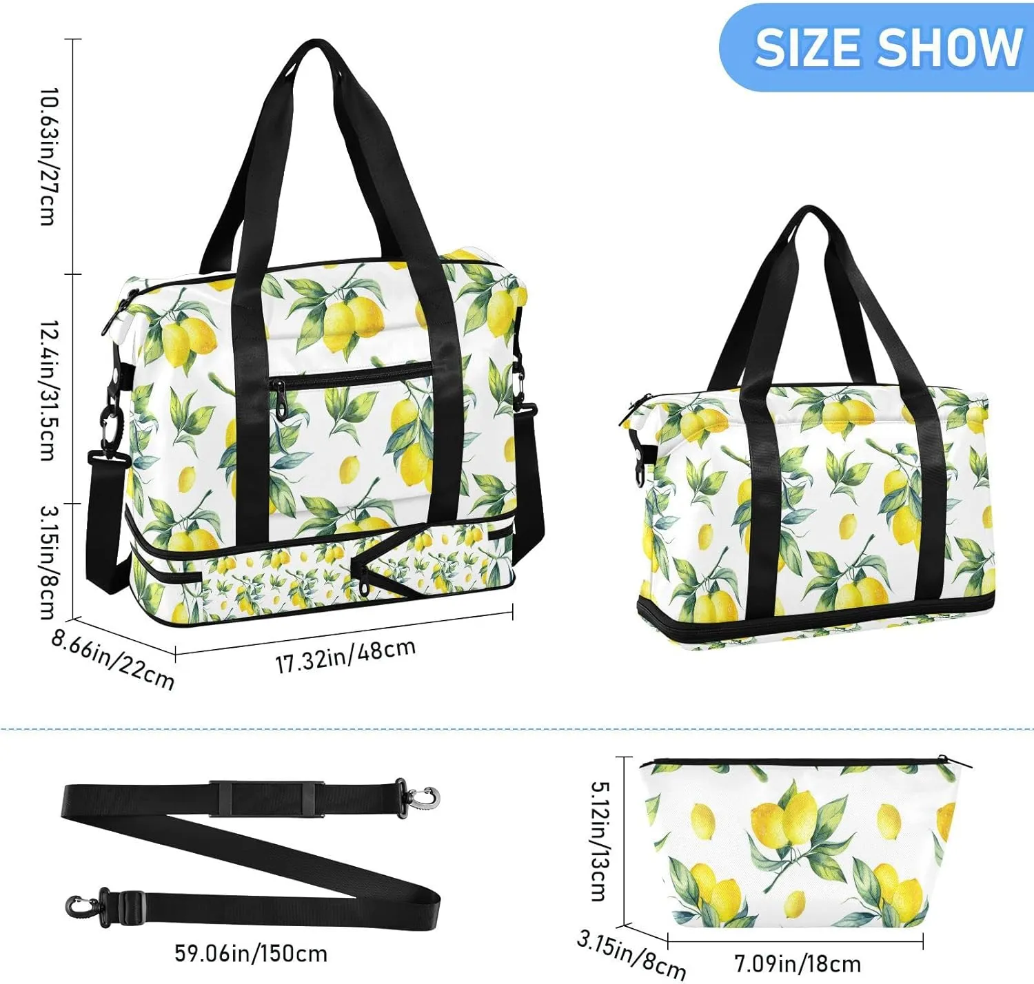Yellow Lemon With Green Leaves Seamless On White Foldable Travel Bag, Camping Luggage bag, Portable Gym Bag, Sports Bag, Toiletry Bag with Handles Adjustable Shoulder Strap