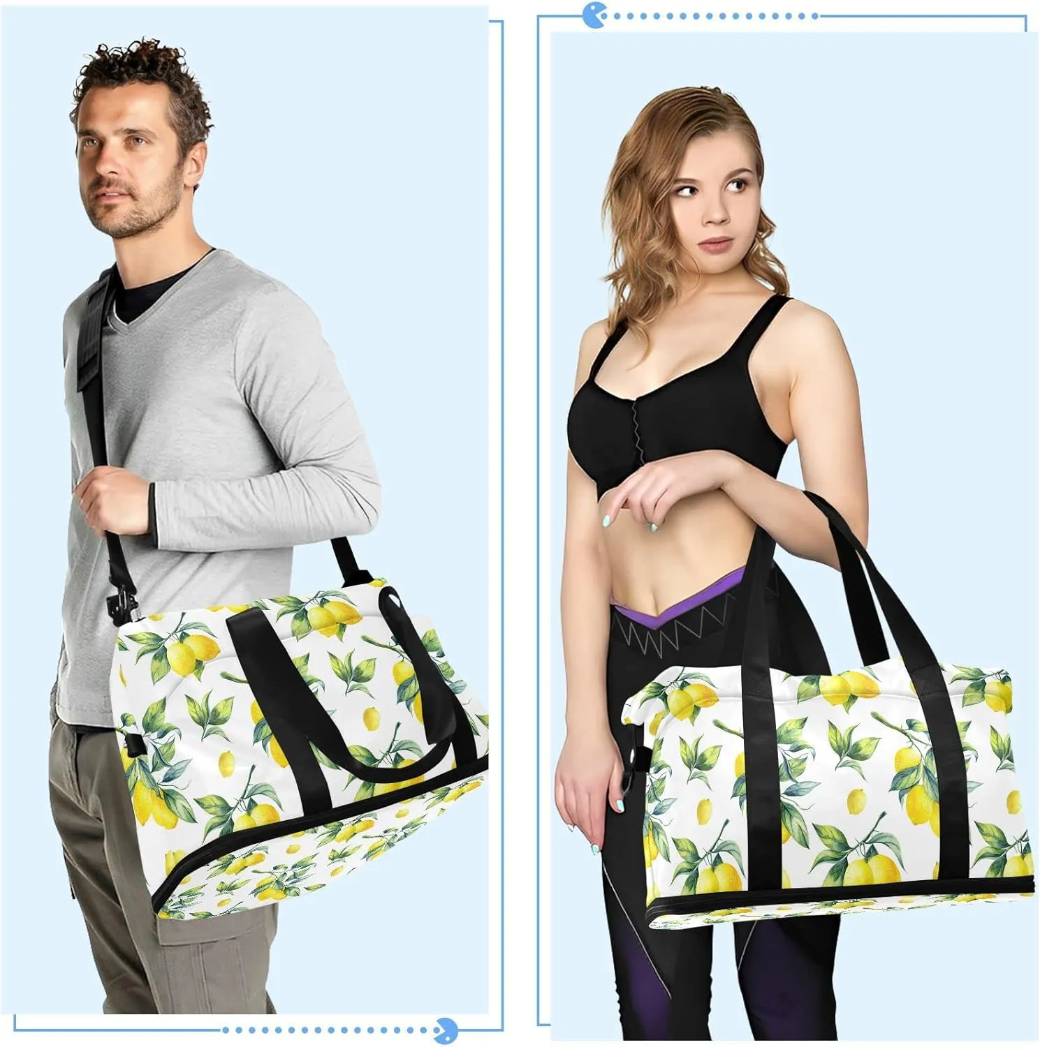 Yellow Lemon With Green Leaves Seamless On White Foldable Travel Bag, Camping Luggage bag, Portable Gym Bag, Sports Bag, Toiletry Bag with Handles Adjustable Shoulder Strap