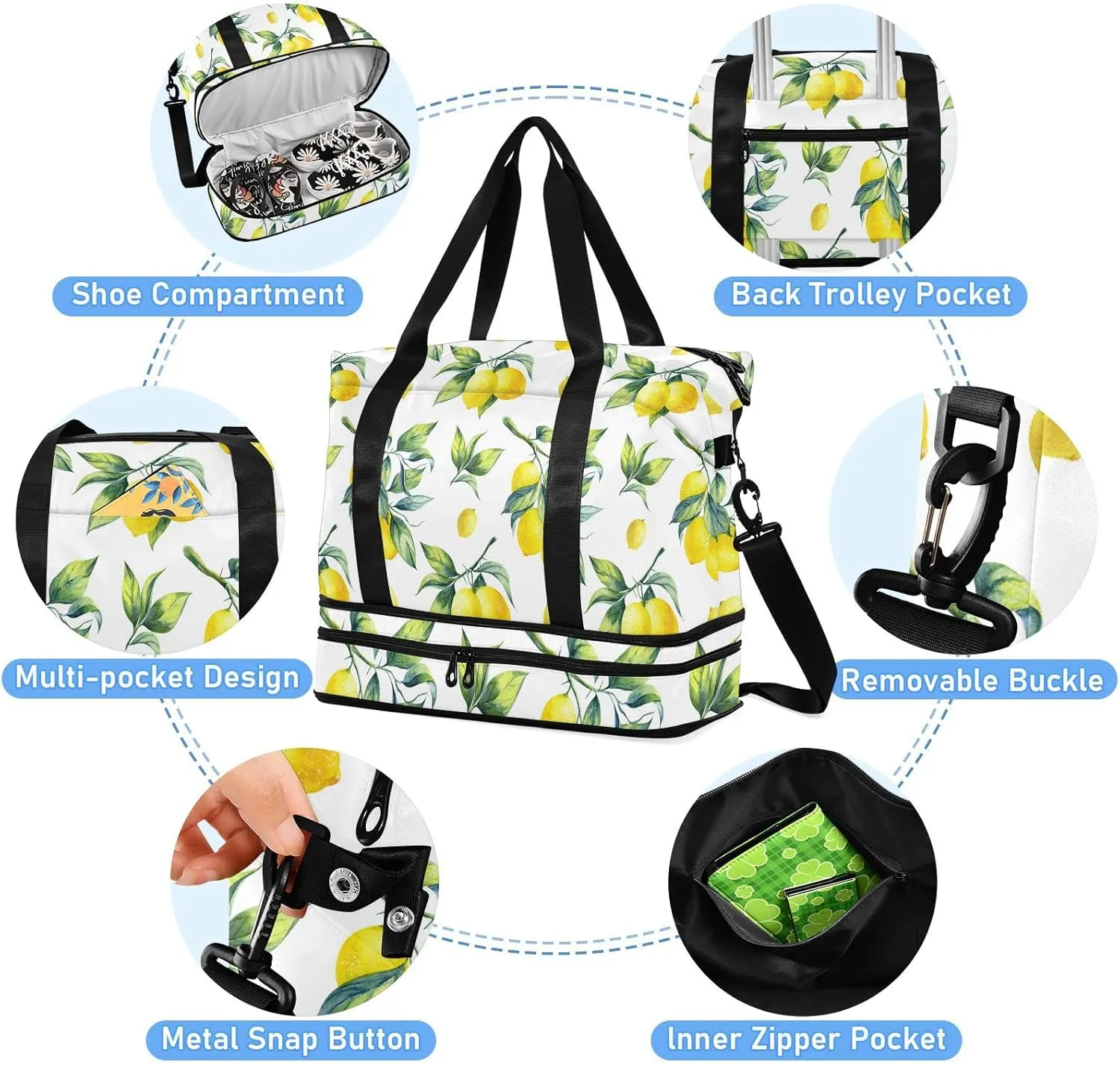Yellow Lemon With Green Leaves Seamless On White Foldable Travel Bag, Camping Luggage bag, Portable Gym Bag, Sports Bag, Toiletry Bag with Handles Adjustable Shoulder Strap
