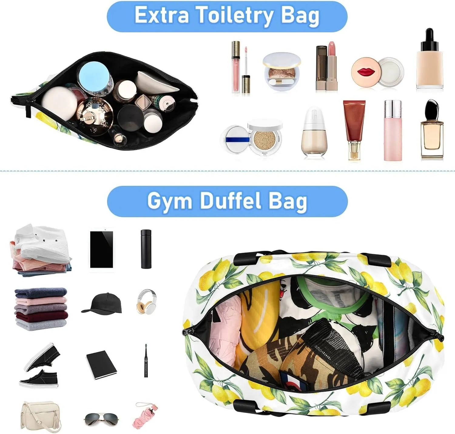 Yellow Lemon With Green Leaves Seamless On White Foldable Travel Bag, Camping Luggage bag, Portable Gym Bag, Sports Bag, Toiletry Bag with Handles Adjustable Shoulder Strap