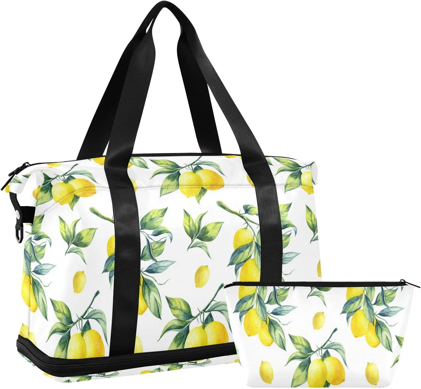 Yellow Lemon With Green Leaves Seamless On White Foldable Travel Bag, Camping Luggage bag, Portable Gym Bag, Sports Bag, Toiletry Bag with Handles Adjustable Shoulder Strap