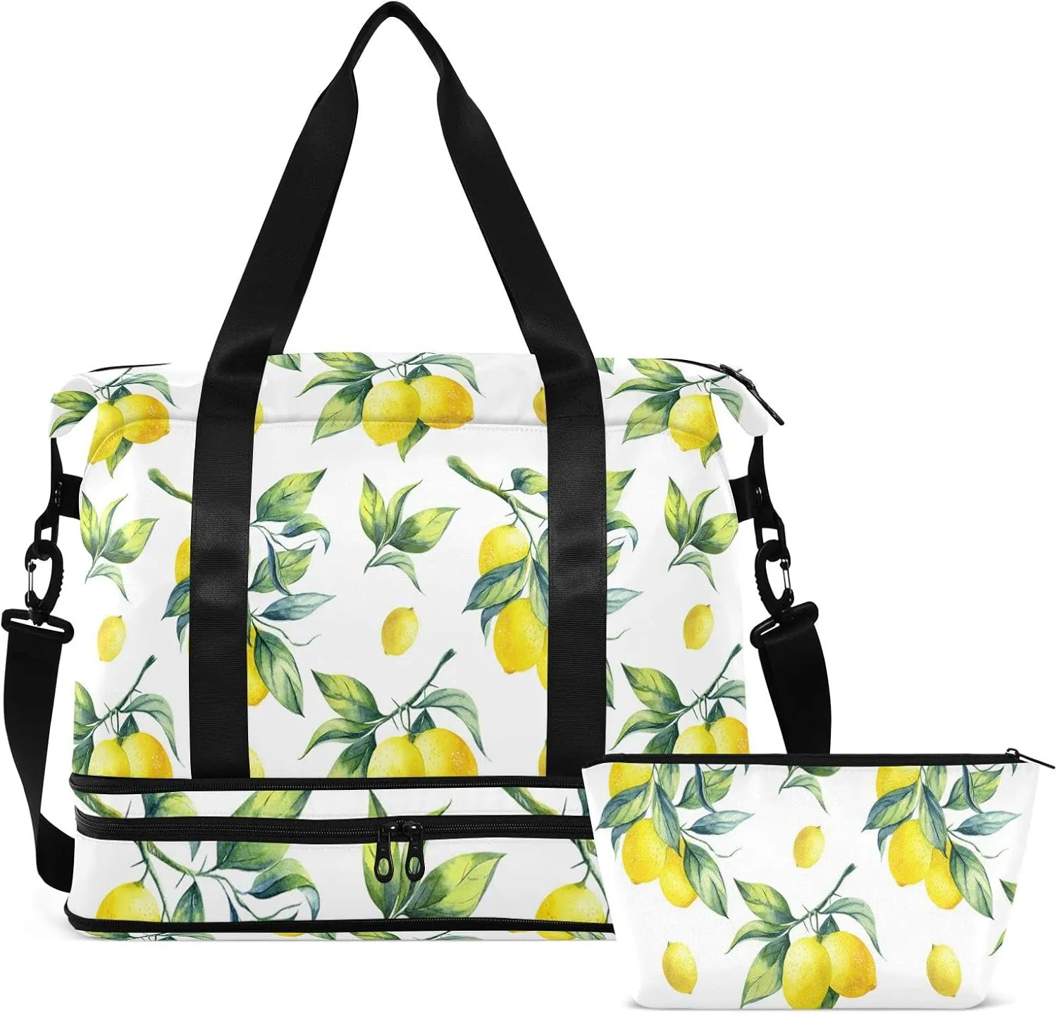 Yellow Lemon With Green Leaves Seamless On White Foldable Travel Bag, Camping Luggage bag, Portable Gym Bag, Sports Bag, Toiletry Bag with Handles Adjustable Shoulder Strap
