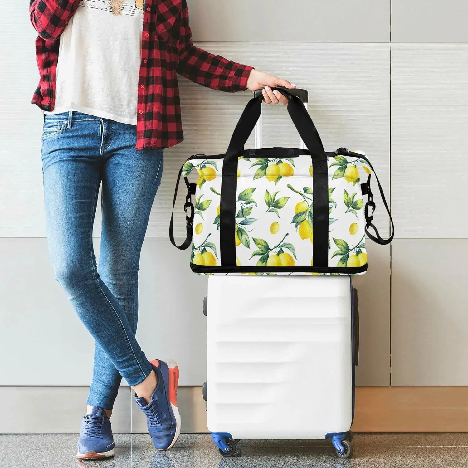 Yellow Lemon With Green Leaves Seamless On White Foldable Travel Bag, Camping Luggage bag, Portable Gym Bag, Sports Bag, Toiletry Bag with Handles Adjustable Shoulder Strap