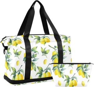 Yellow Lemon With Green Leaves Seamless On White Foldable Travel Bag, Camping Luggage bag, Portable Gym Bag, Sports Bag, Toiletry Bag with Handles Adjustable Shoulder Strap