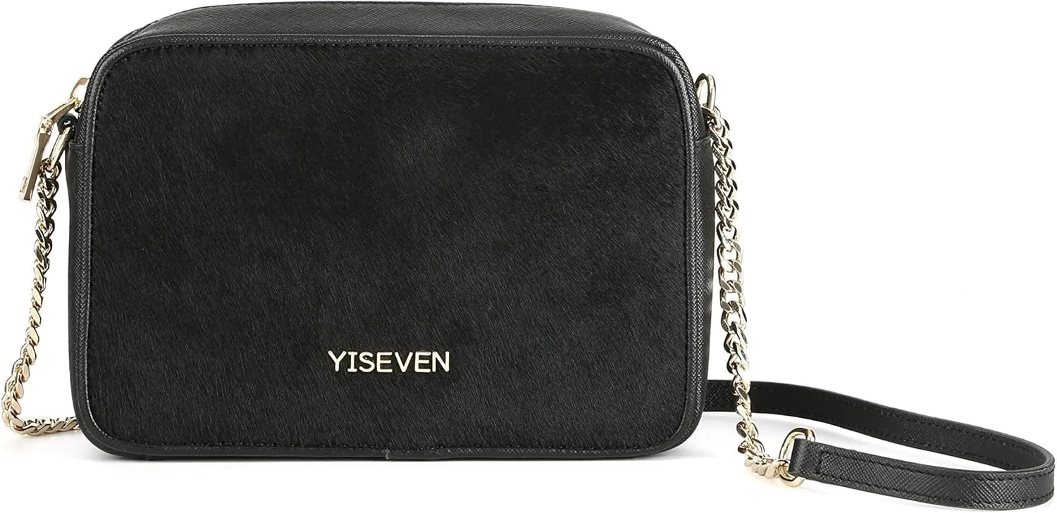 YISEVEN Womens Black Leather Handbag, Genuine Cowhide & Horse Hair