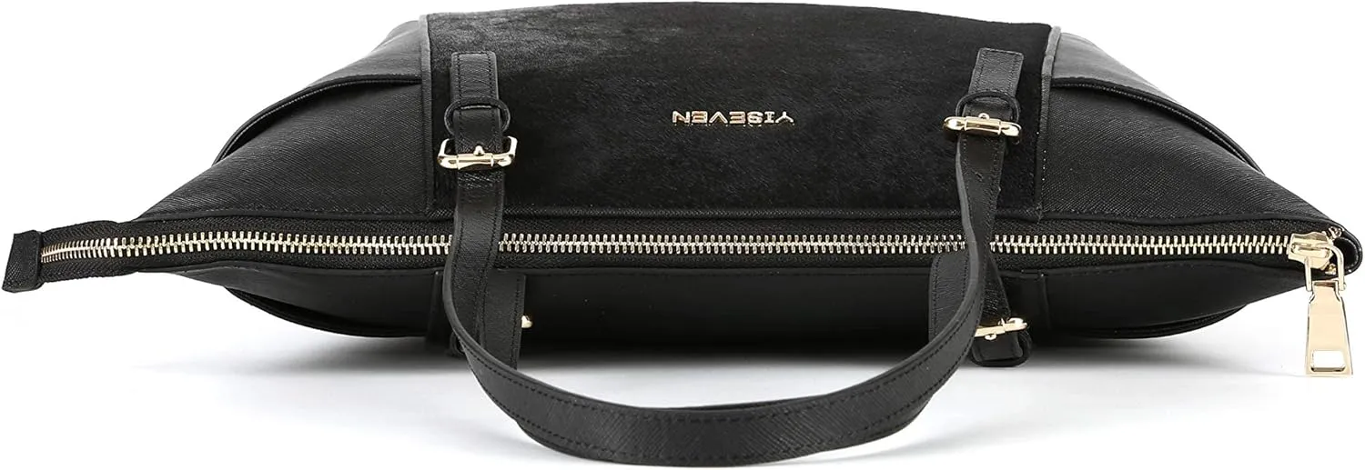 YISEVEN Womens Black Leather Handbag, Genuine Cowhide & Horse Hair