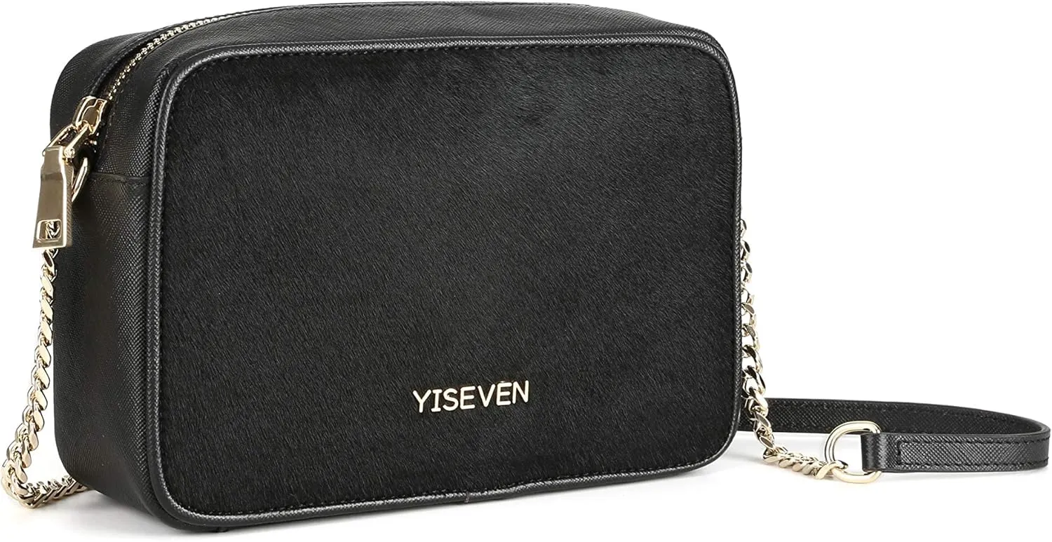 YISEVEN Womens Black Leather Handbag, Genuine Cowhide & Horse Hair