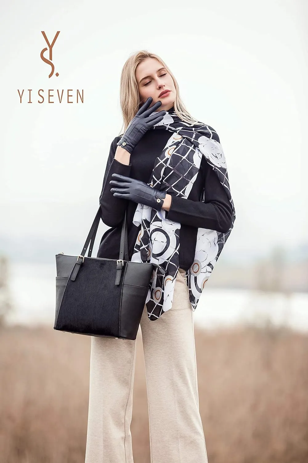 YISEVEN Womens Black Leather Handbag, Genuine Cowhide & Horse Hair