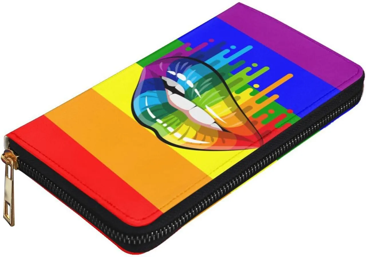 YISHOW Lgbt Pride Lips Wallet Slim Thin Leather Purse Wallet With Zip Around Clutch Casual Handbag For Phone Key Credit Cards