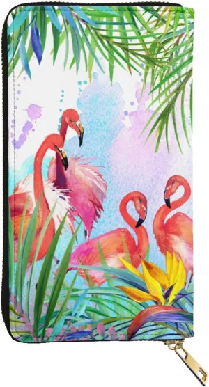 YISHOW Tropical Floral And Flamingo Wallet Slim Thin Leather Purse Wallet With Zip Around Clutch Casual Handbag For Phone Key Credit Cards