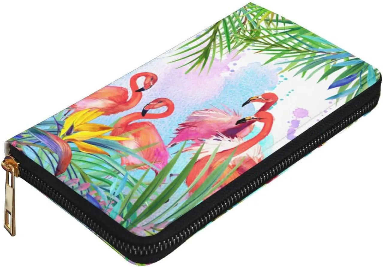 YISHOW Tropical Floral And Flamingo Wallet Slim Thin Leather Purse Wallet With Zip Around Clutch Casual Handbag For Phone Key Credit Cards