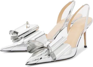 YIYA Women's Metallic Bow Kitten Heels Closed Pointed Toe Slingback Pumps Stiletto High Heels Slip On Party Dress Shoes