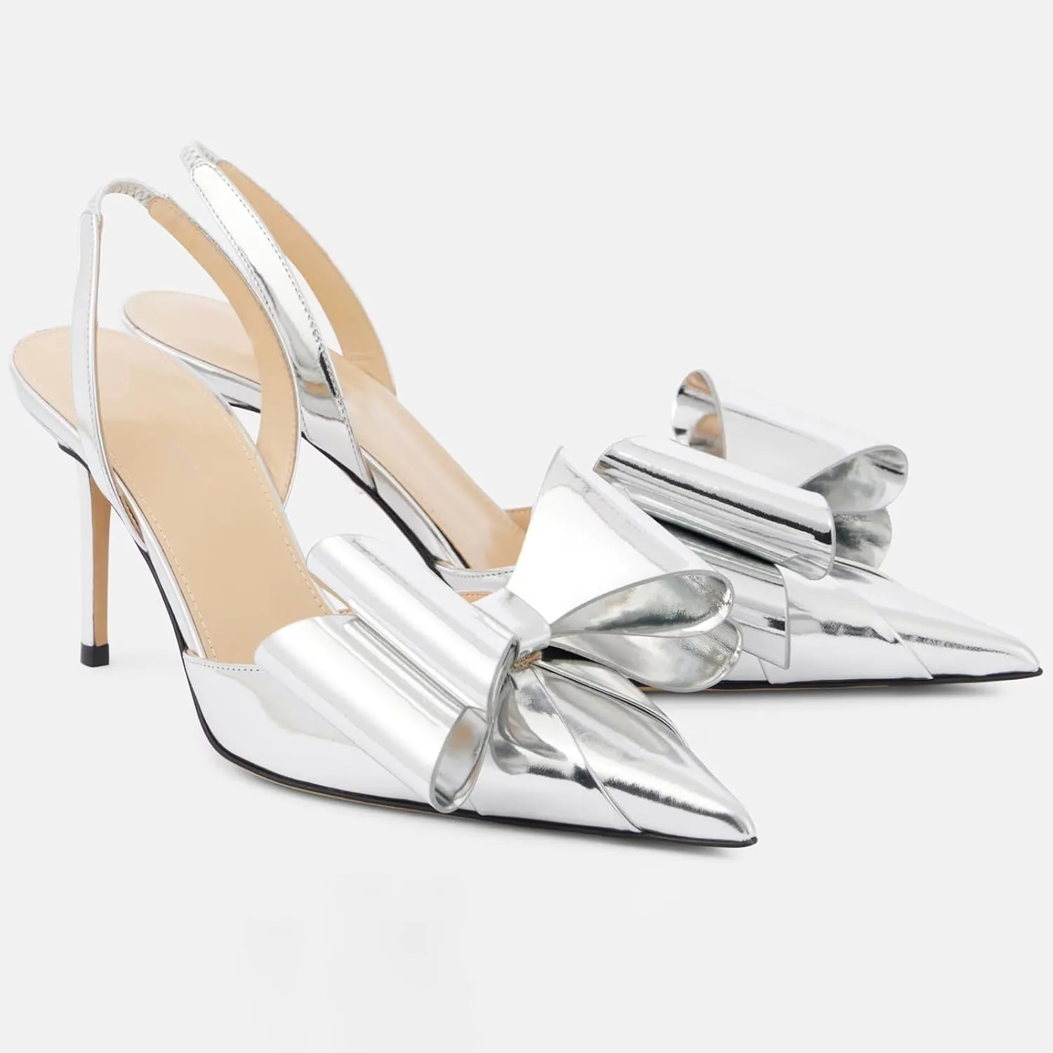 YIYA Women's Metallic Bow Kitten Heels Closed Pointed Toe Slingback Pumps Stiletto High Heels Slip On Party Dress Shoes