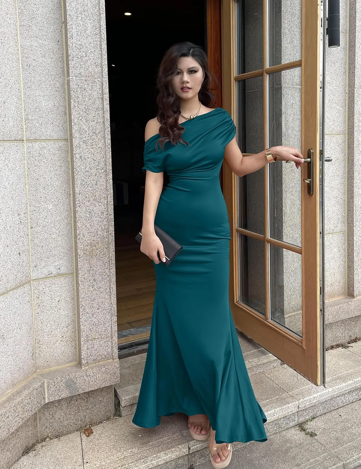 YMDUCH Women's Elegant Sleeveless Off Shoulder Bodycon Long Formal Party Evening Dress