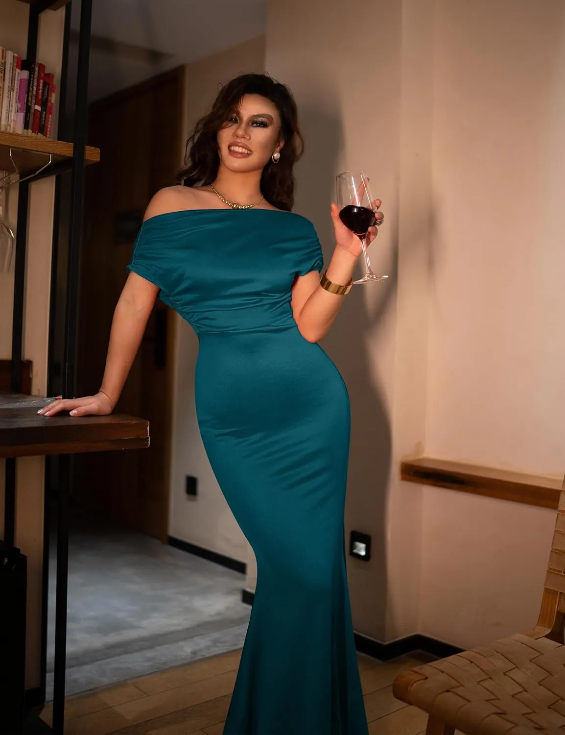 YMDUCH Women's Elegant Sleeveless Off Shoulder Bodycon Long Formal Party Evening Dress