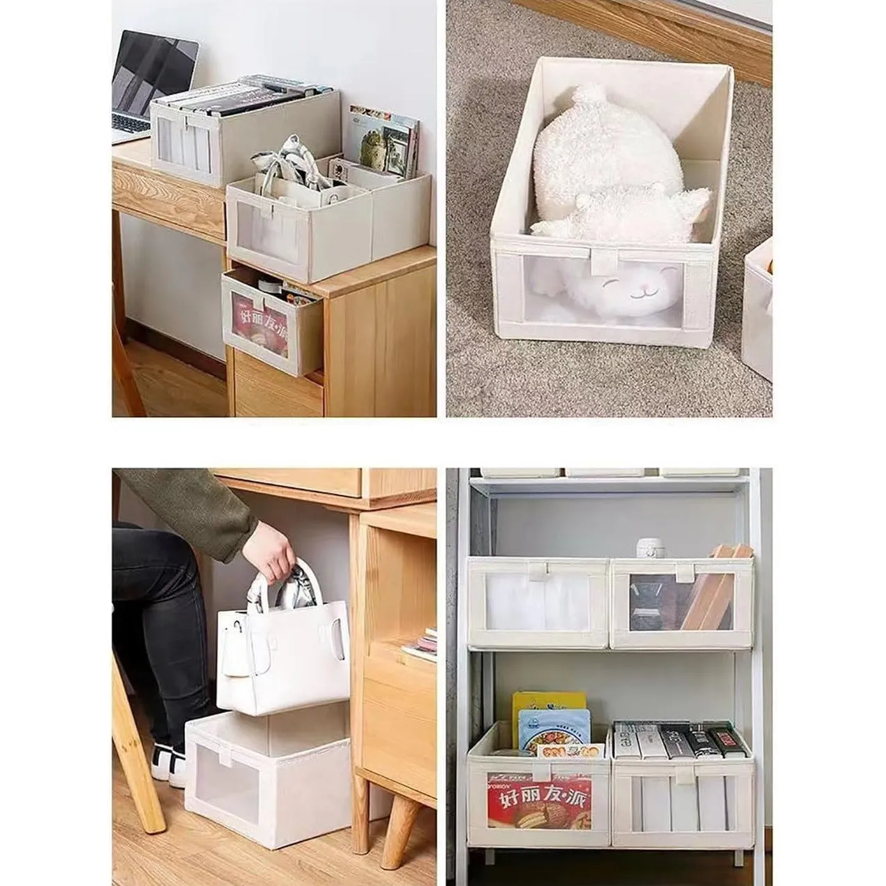 Ymlike Clothes Storage Organizer, Stackable Cotton Drawer Closet Box with Transparent Mesh Window and Handle, Store bag for Clothing, Jeans, Bras, Leggings, Sweaters, (2 Pack, Beige)