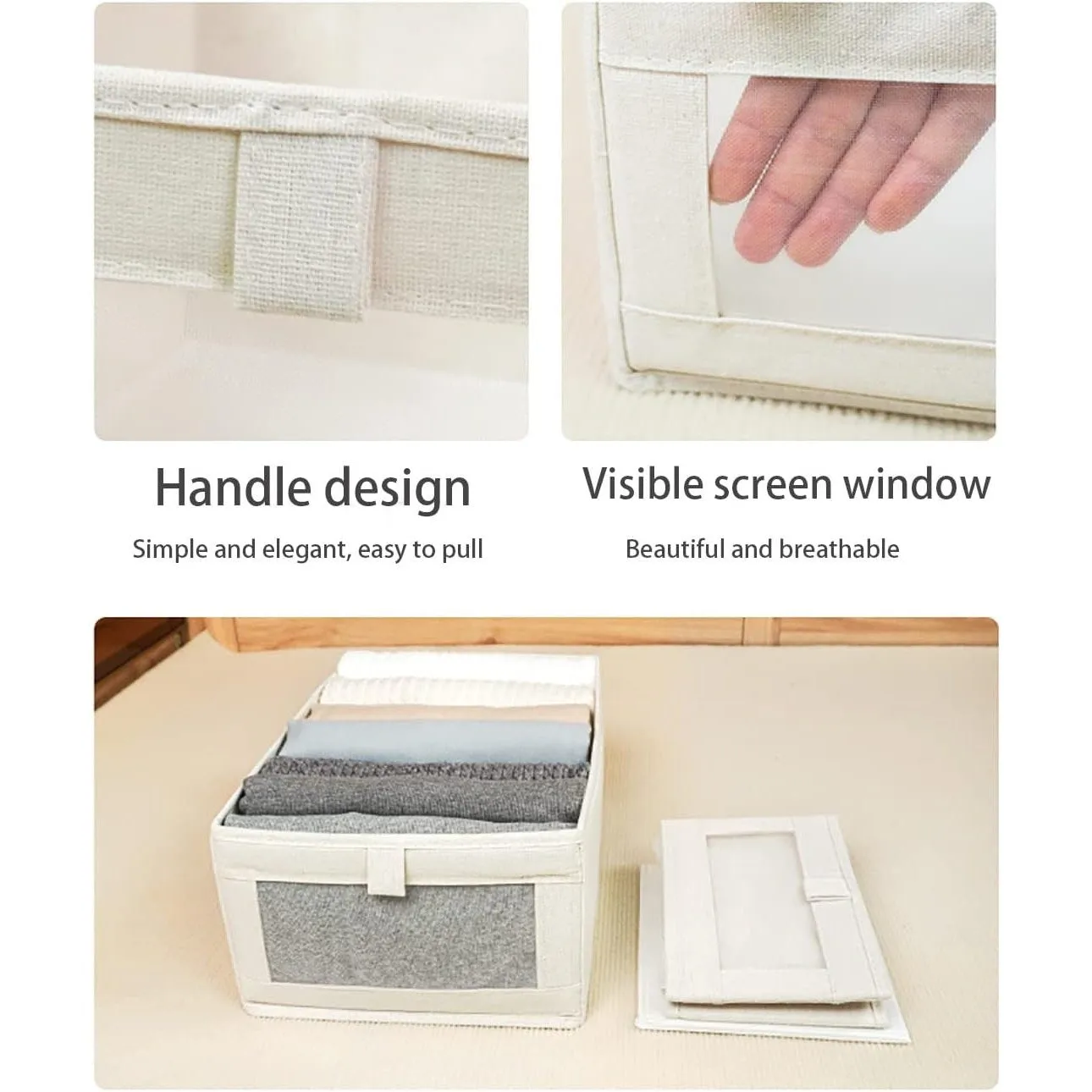 Ymlike Clothes Storage Organizer, Stackable Cotton Drawer Closet Box with Transparent Mesh Window and Handle, Store bag for Clothing, Jeans, Bras, Leggings, Sweaters, (2 Pack, Beige)