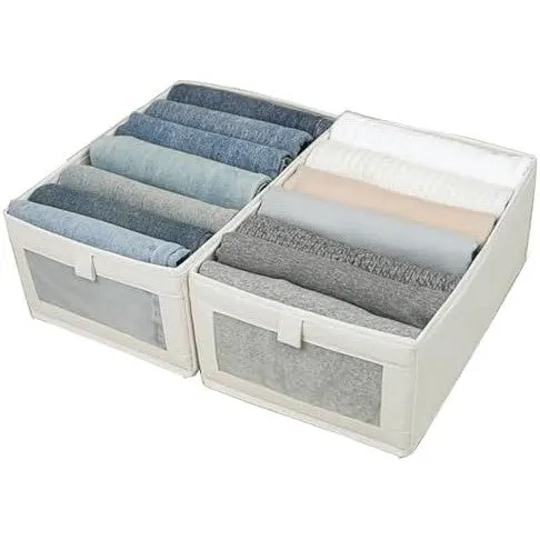 Ymlike Clothes Storage Organizer, Stackable Cotton Drawer Closet Box with Transparent Mesh Window and Handle, Store bag for Clothing, Jeans, Bras, Leggings, Sweaters, (2 Pack, Beige)