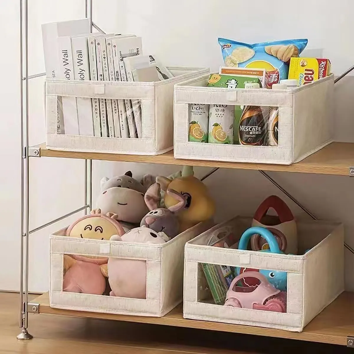 Ymlike Clothes Storage Organizer, Stackable Cotton Drawer Closet Box with Transparent Mesh Window and Handle, Store bag for Clothing, Jeans, Bras, Leggings, Sweaters, (2 Pack, Beige)