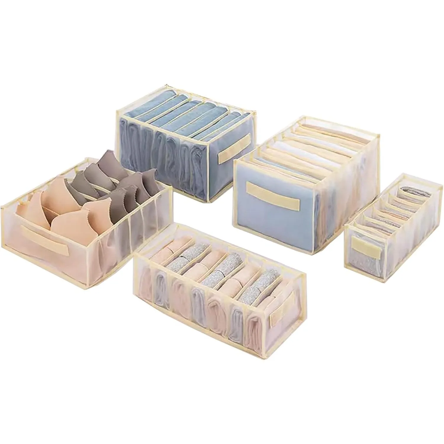 Ymlike Clothes Storage Organizer, Stackable Cotton Drawer Closet Box with Transparent Mesh Window and Handle, Store bag for Clothing, Jeans, Bras, Leggings, Sweaters, (2 Pack, Beige)