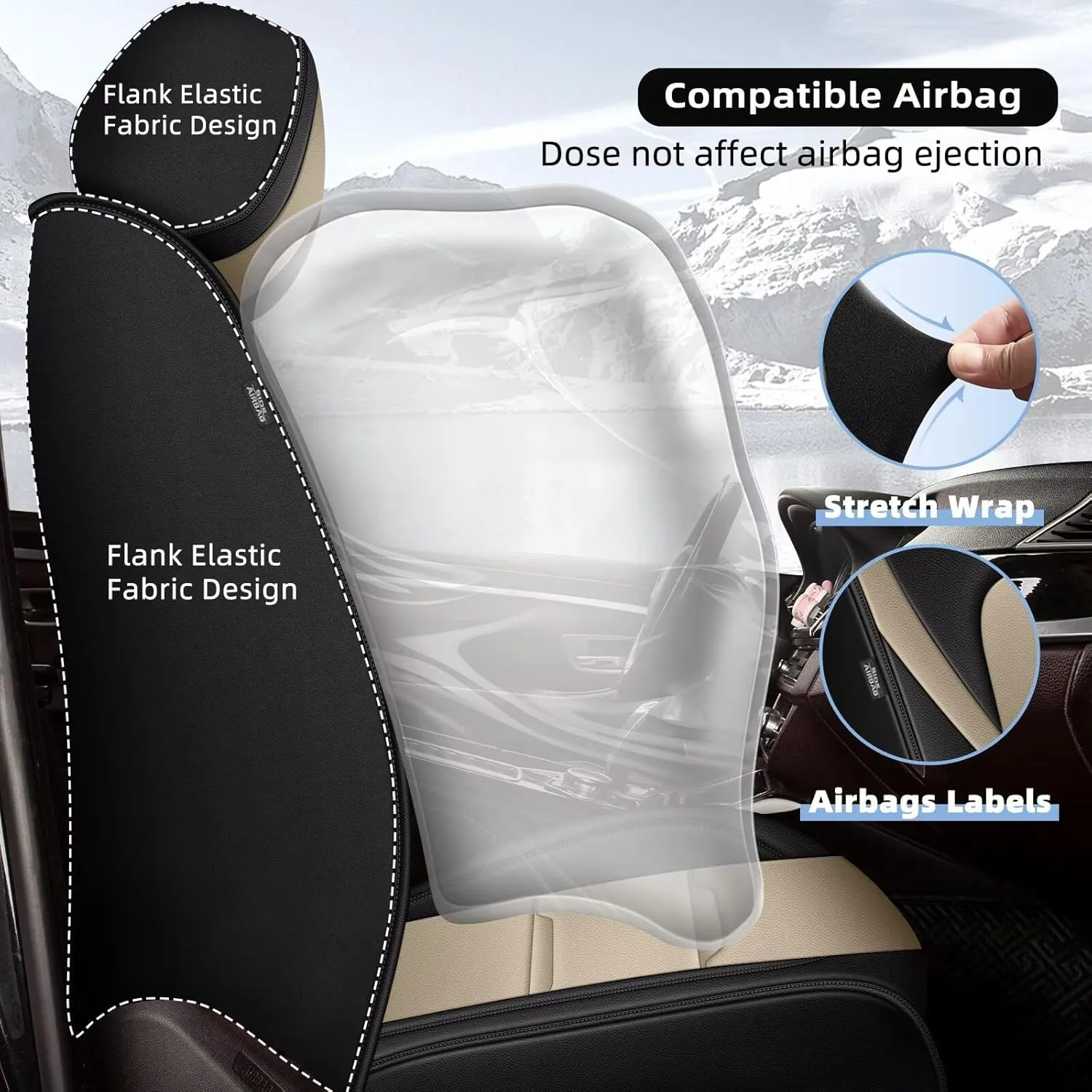 YORKNEIC 2 Front Car Seat Covers for Cadillac SRX 2010-2016 Faux Leather Waterproof Seat Covers Automotive Seat Protectors Cushions with Airbag Compatible(2 Front Seat,Black&Beige)