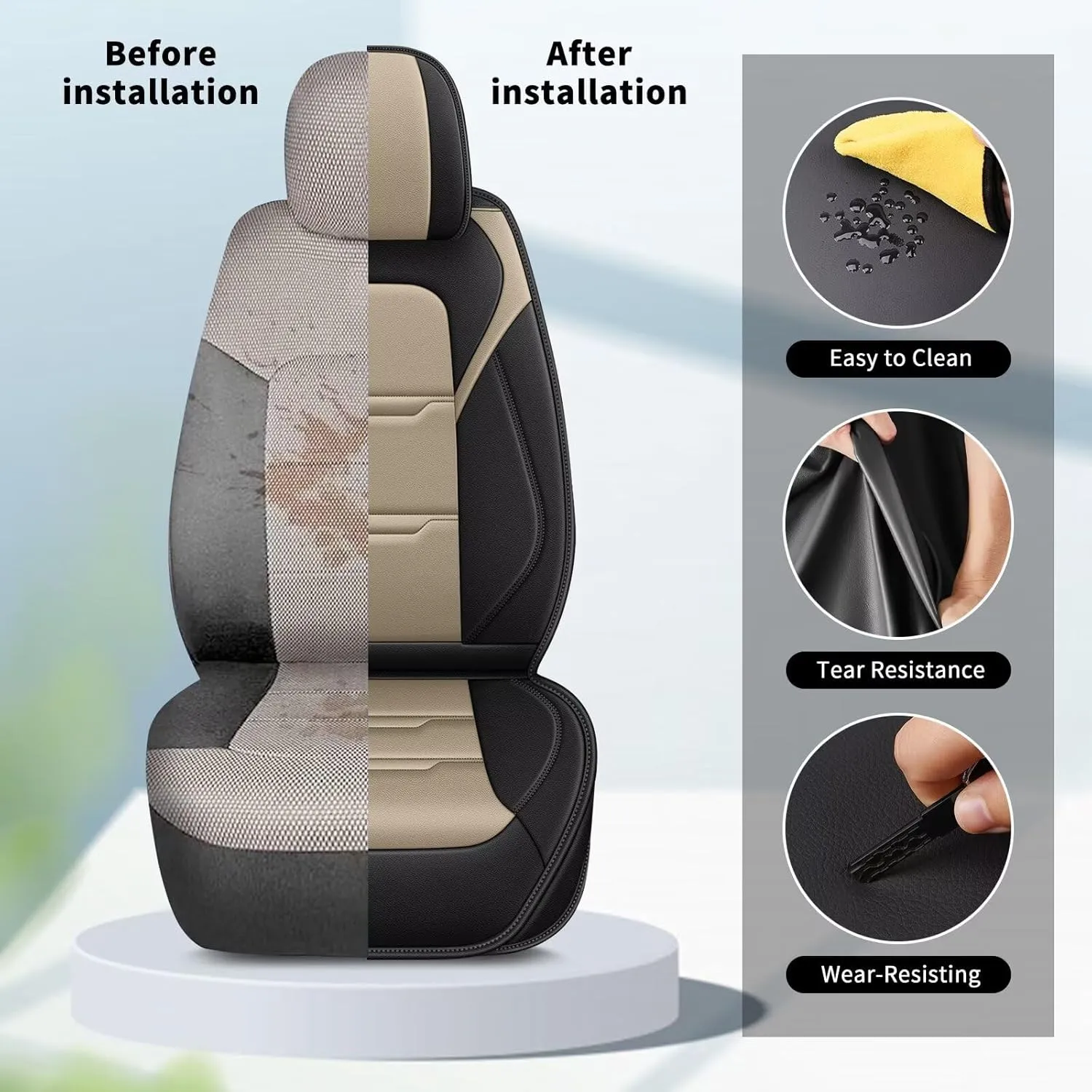 YORKNEIC 2 Front Car Seat Covers for Cadillac SRX 2010-2016 Faux Leather Waterproof Seat Covers Automotive Seat Protectors Cushions with Airbag Compatible(2 Front Seat,Black&Beige)