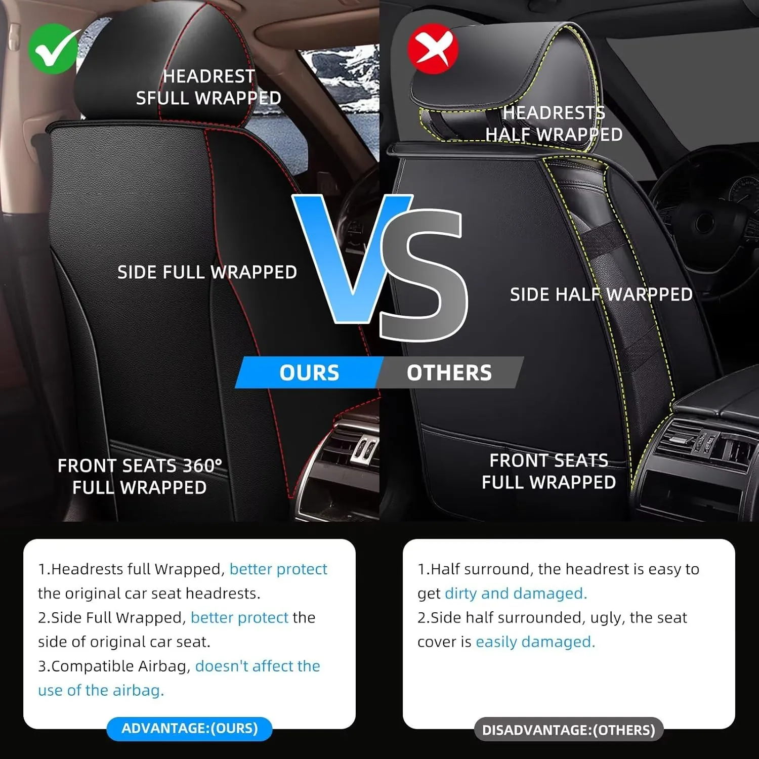 YORKNEIC 2 Front Car Seat Covers for Cadillac SRX 2010-2016 Faux Leather Waterproof Seat Covers Automotive Seat Protectors Cushions with Airbag Compatible(2 Front Seat,Black&Beige)