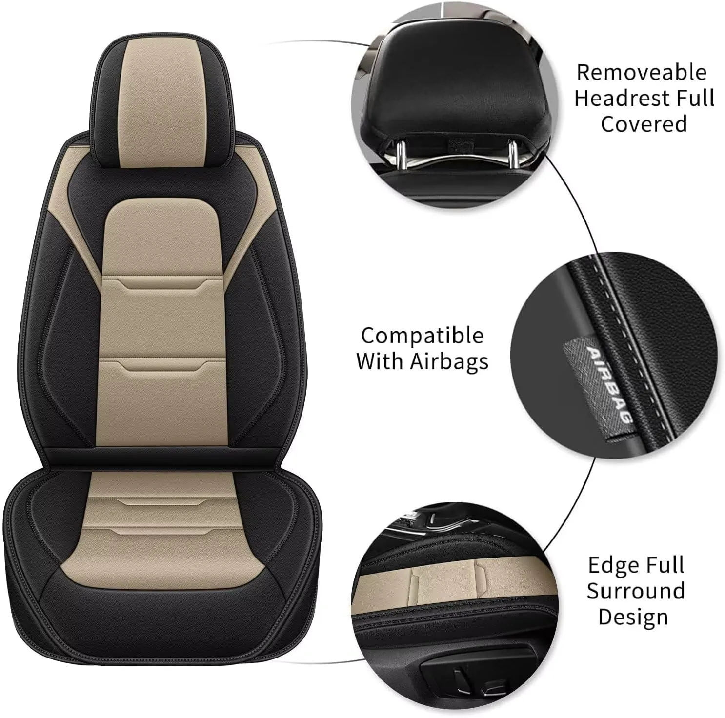 YORKNEIC 2 Front Car Seat Covers for Cadillac SRX 2010-2016 Faux Leather Waterproof Seat Covers Automotive Seat Protectors Cushions with Airbag Compatible(2 Front Seat,Black&Beige)