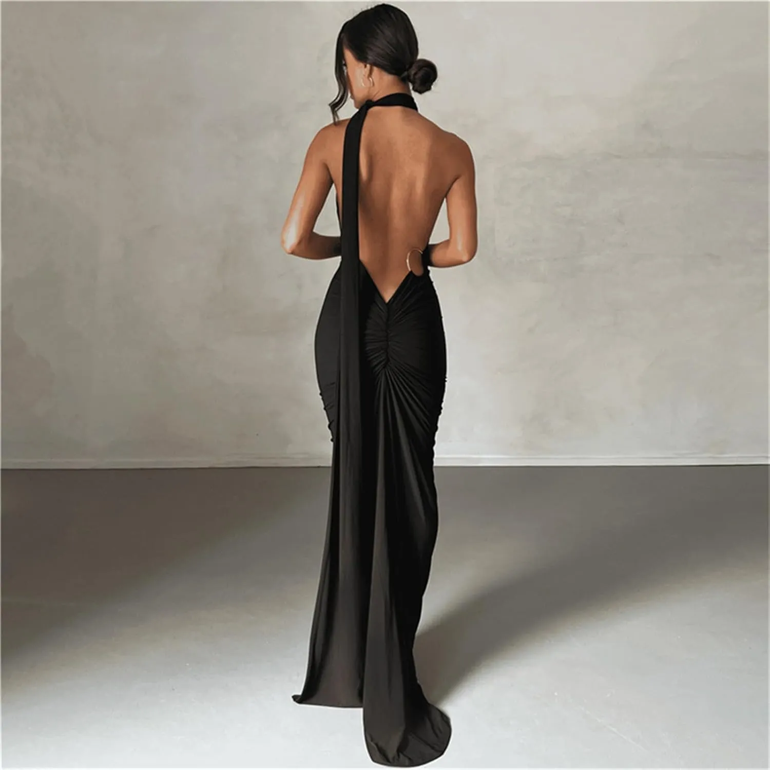 Yuemengxuan Women Sexy Backless Lace up Maxi Dress Elegant Spaghetti Strap Hollow Out Long Dress Party Streetwear