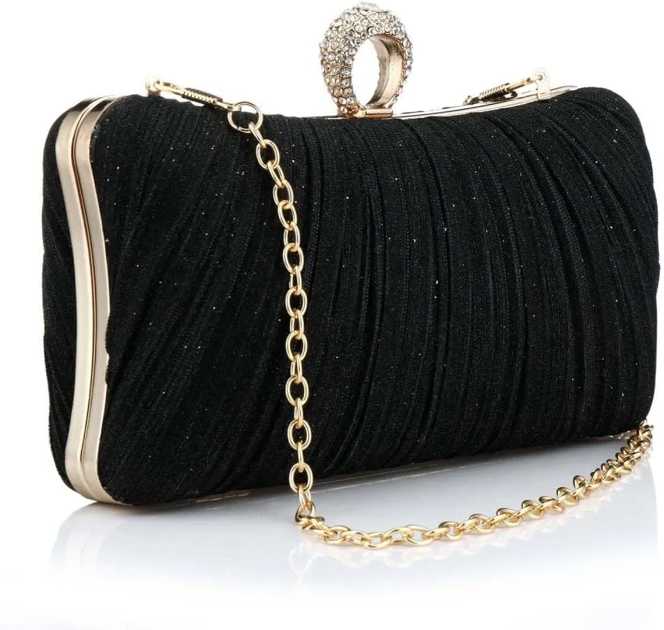 YYW Evening Handbags Sparkling Clutch Purses Women Pleated Party Bridal Wedding Evening Bag with Chain