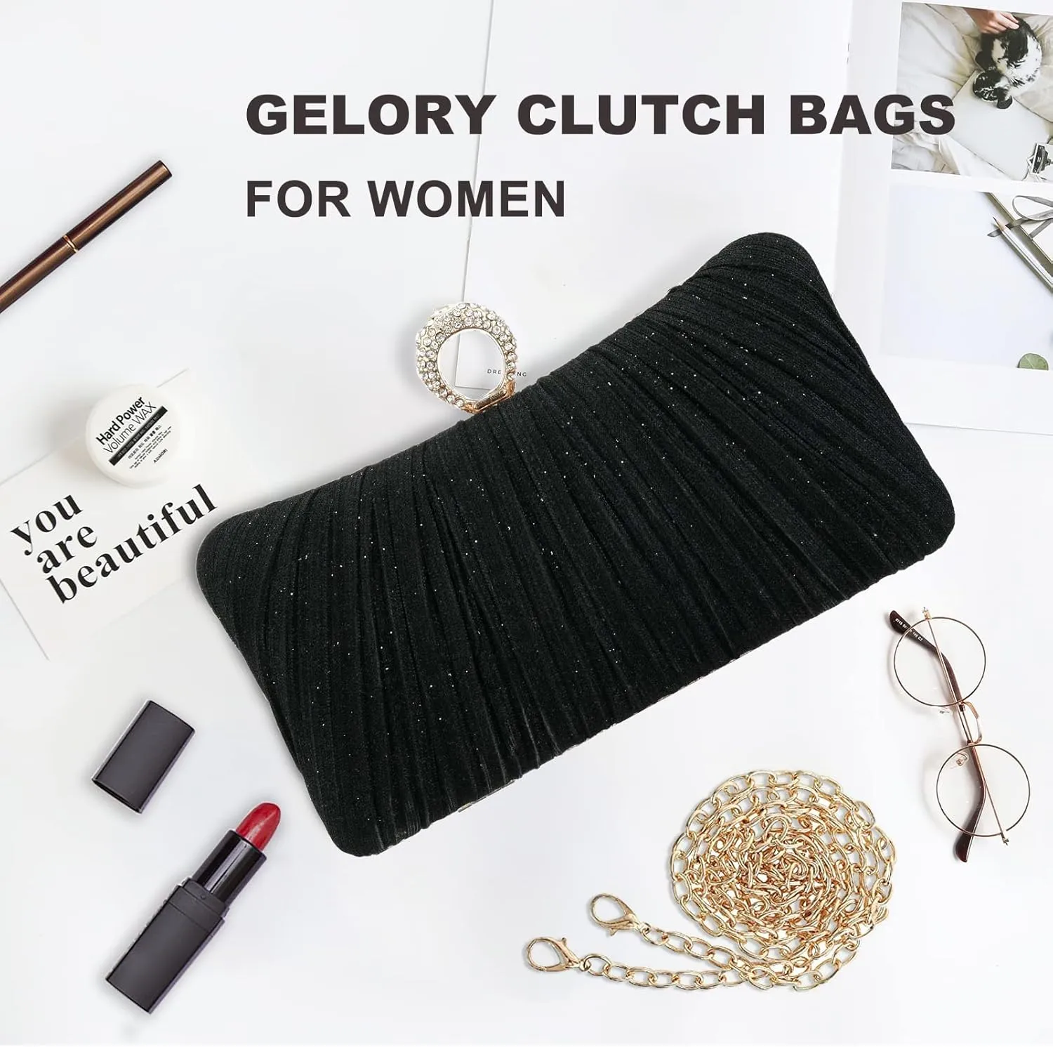 YYW Evening Handbags Sparkling Clutch Purses Women Pleated Party Bridal Wedding Evening Bag with Chain