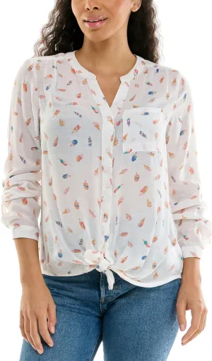 Zac & Rachel Women's Long Sleeve Linen-Like Button Up Shirt with Front Tie   Pocket