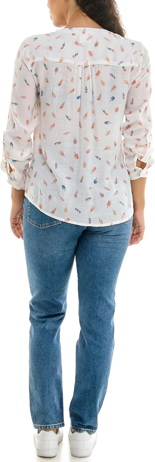 Zac & Rachel Women's Long Sleeve Linen-Like Button Up Shirt with Front Tie   Pocket