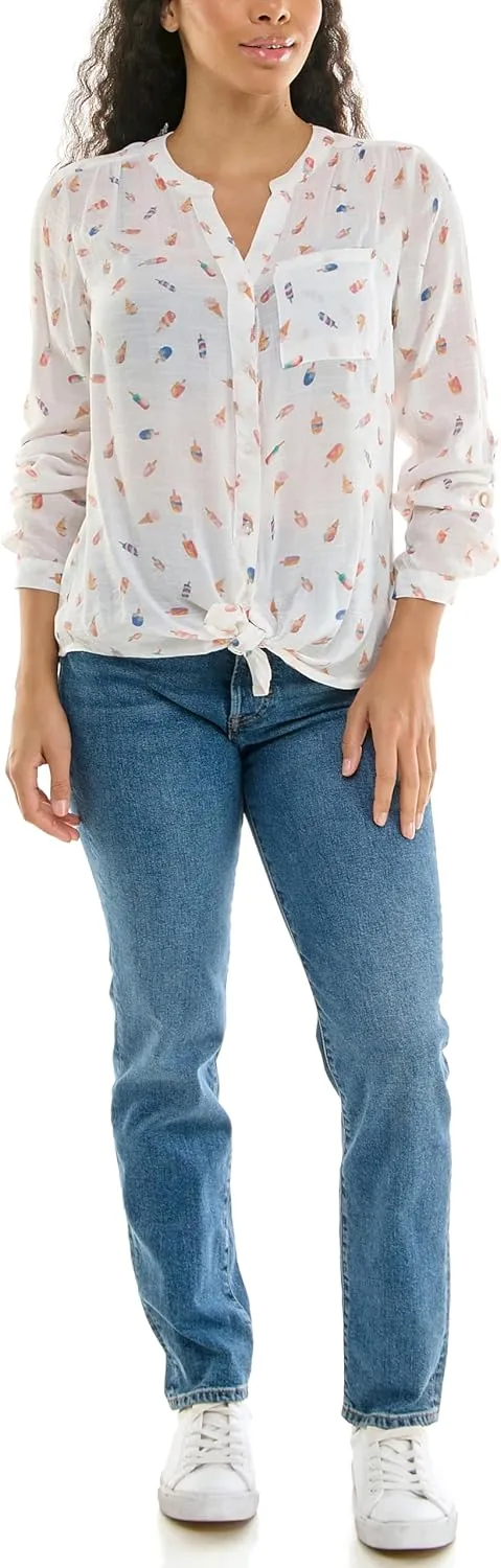 Zac & Rachel Women's Long Sleeve Linen-Like Button Up Shirt with Front Tie   Pocket