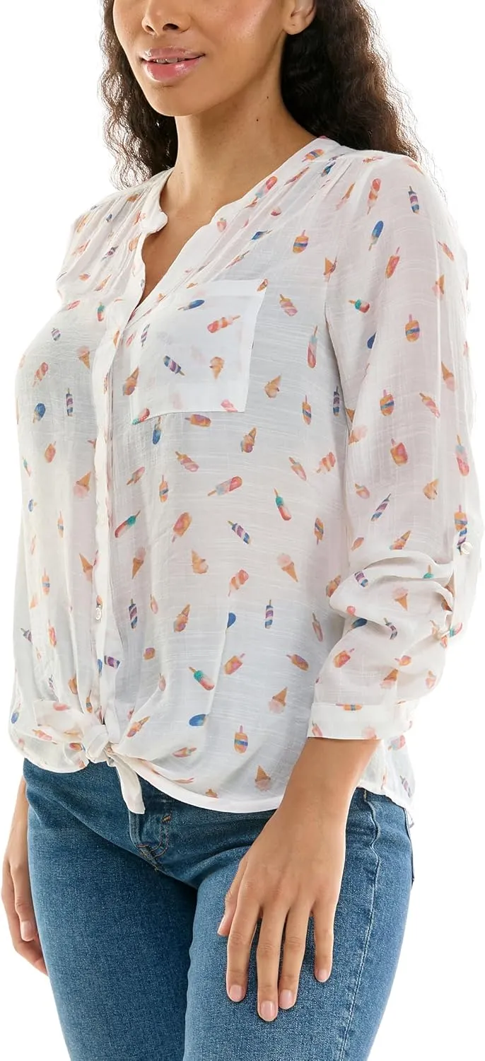 Zac & Rachel Women's Long Sleeve Linen-Like Button Up Shirt with Front Tie   Pocket
