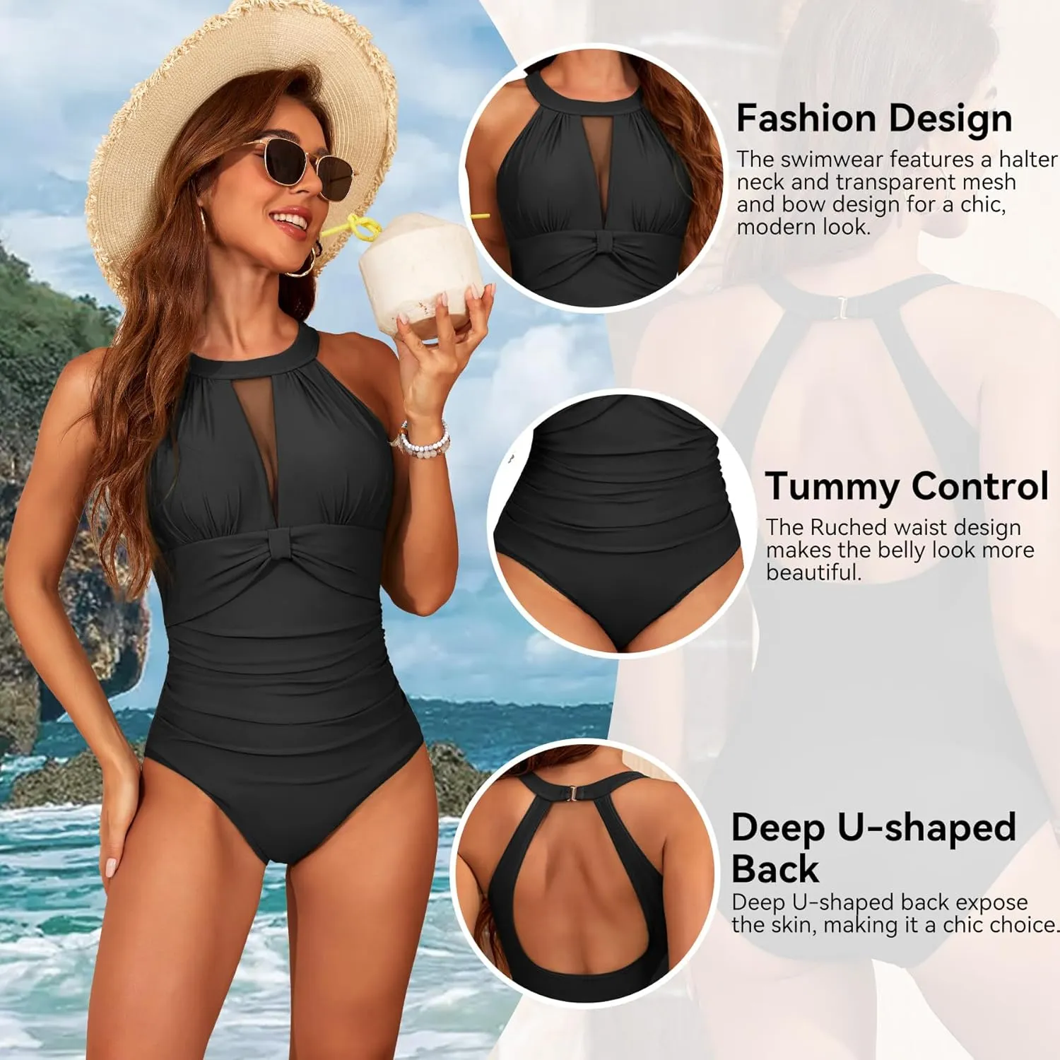 Zando High Neck Swimsuits for Women 2025 Mesh Tummy Control One Piece Swimsuit Bathing Suit