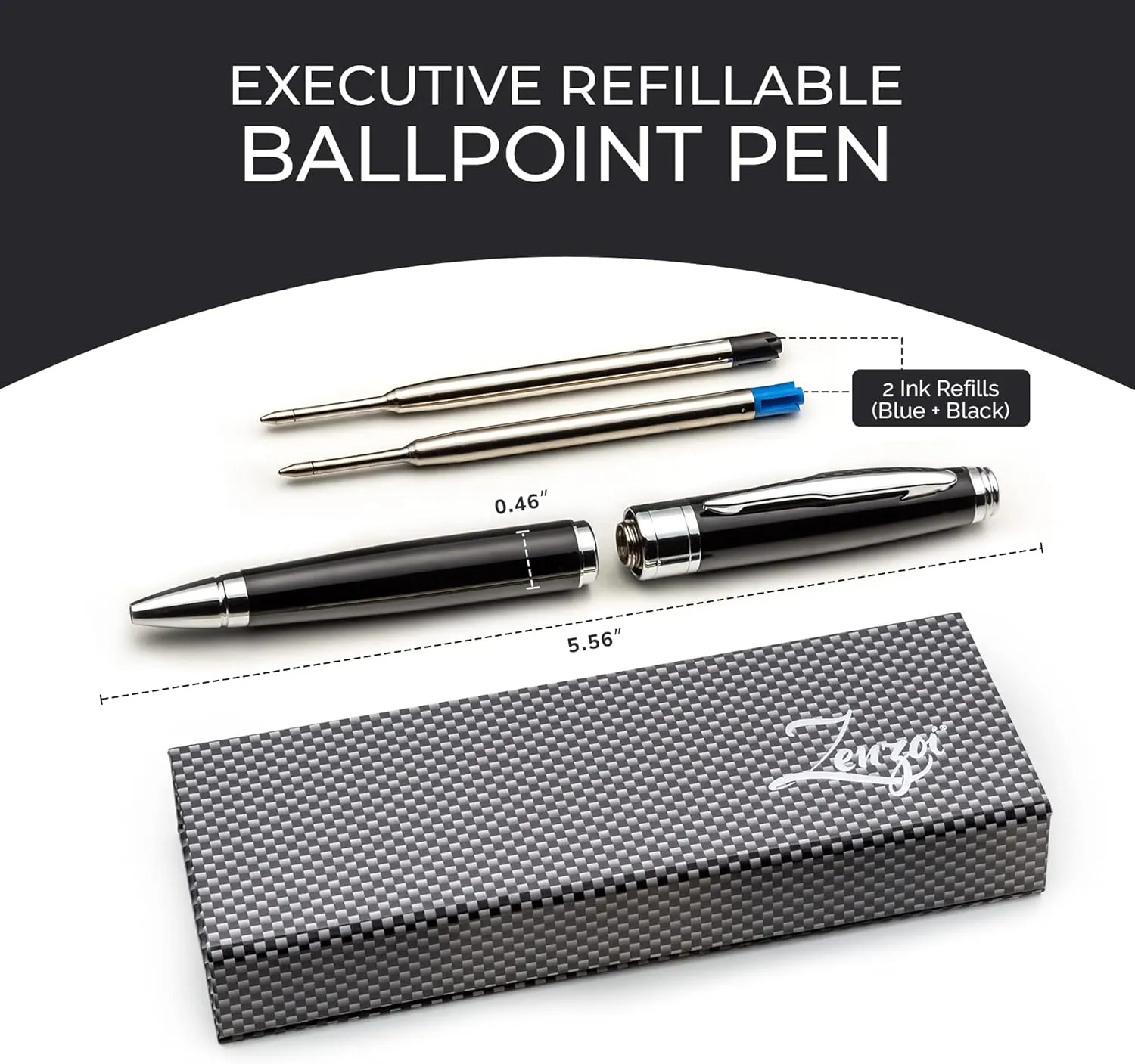 ZenZoi Black Ballpoint Pen Set. Elegant Executive Pen for Men or Women. High End Pen Gift Box w/Luxury Pen & 2 Gel Ballpoint (Blue   Black) Refills. Smooth Writing Pen (Black)
